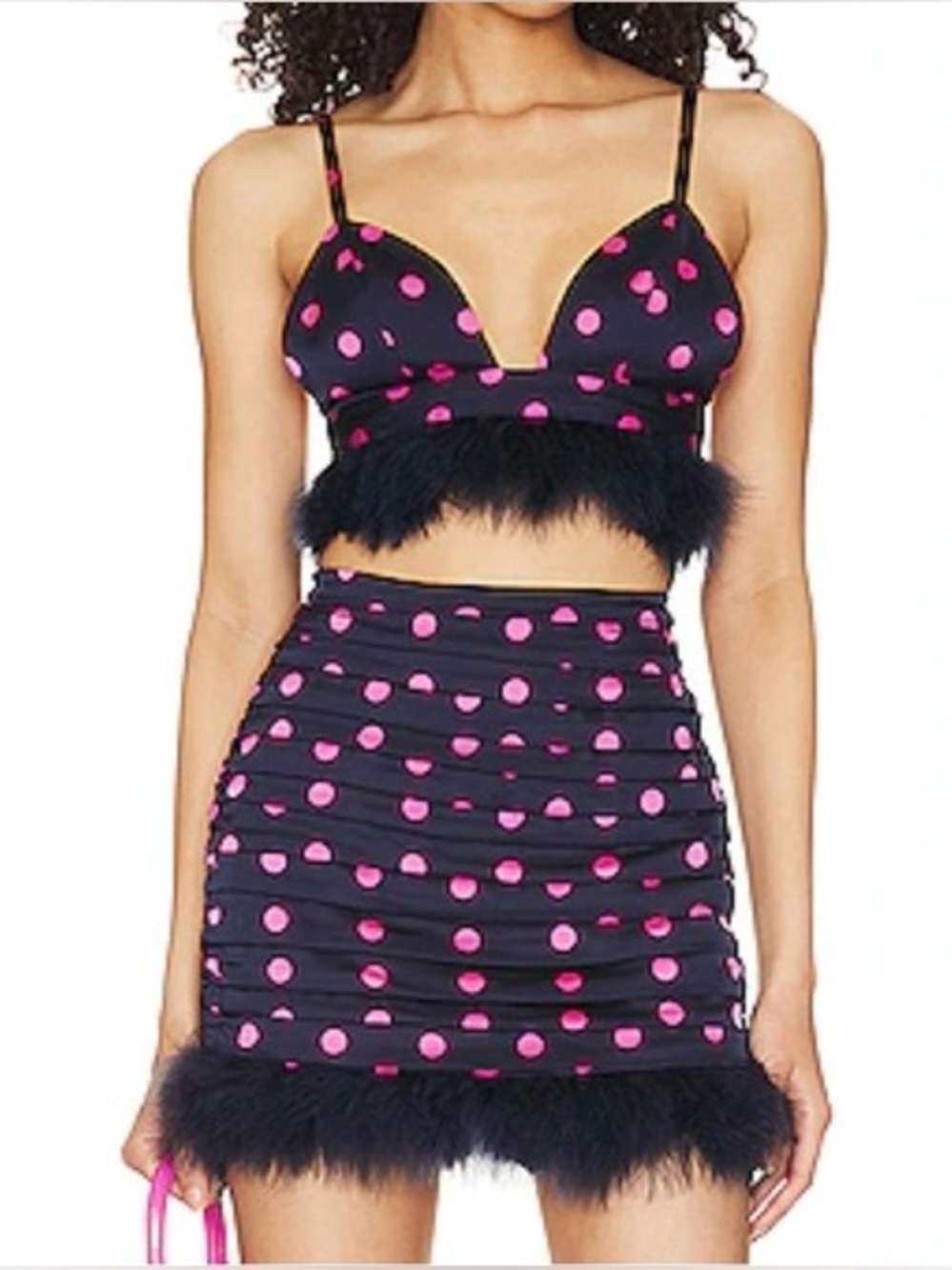 MAJORELLE/REVOLVE Navy and Pink Polka Dot Satin Skirt with Feather Detail - Smal